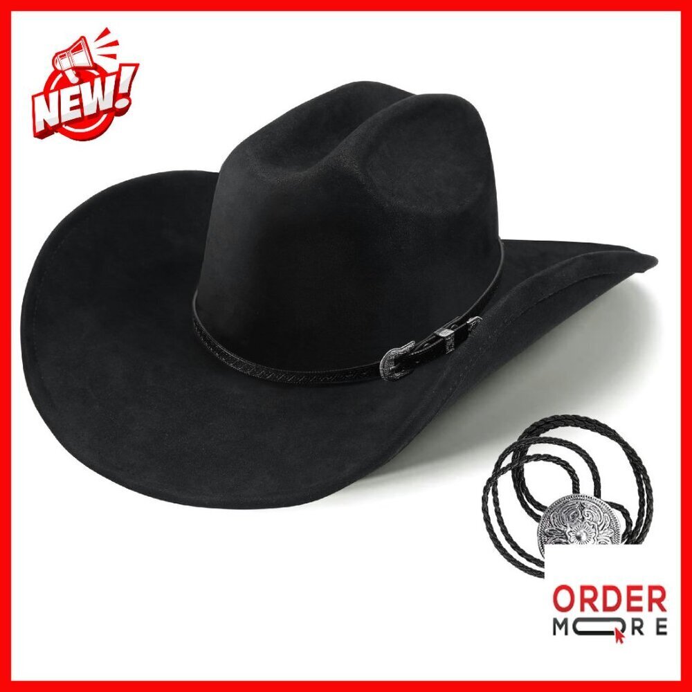 Shapeable Wide Brim Felt Cowboy Hat with Bolo Tie Accessory